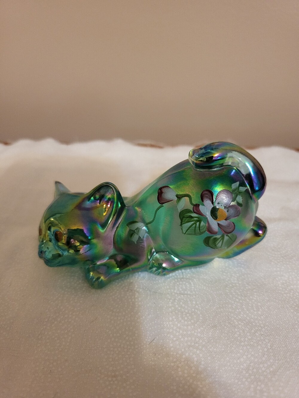 Fentin Iridescent 4 Incj Light Green Cat Figurine with Hand-Painted Flower